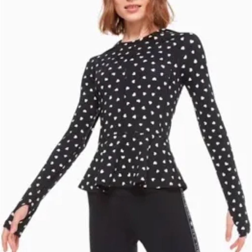NWOT kate spade Black Top with White Heart Print Peplum.